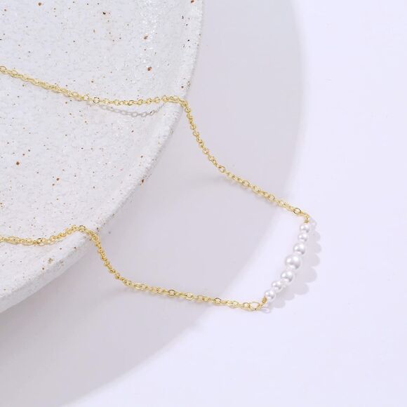 Dainty Pearl Necklace 14K Gold Plated Layered Pearl Pendant Wedding Pearl Gift - Picture 6 of 8